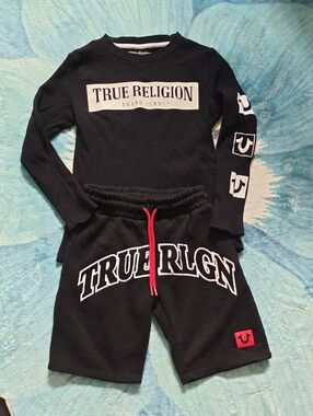 True Religion Kids Black Pajama Set with White Logos and Red Drawstring